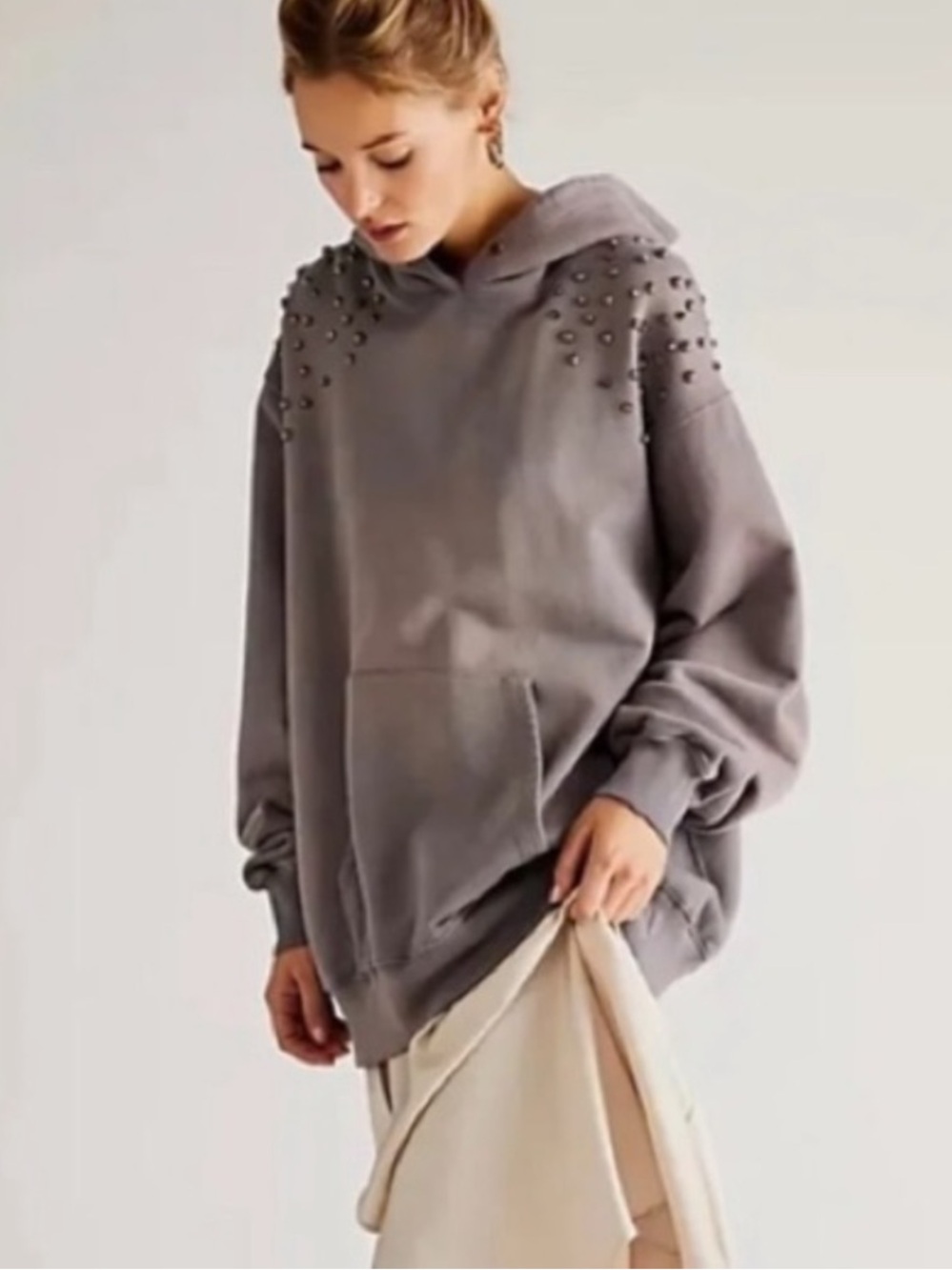 Free People ✨ Lonely Hearts Gray Studded Hoodie Sweatshirt